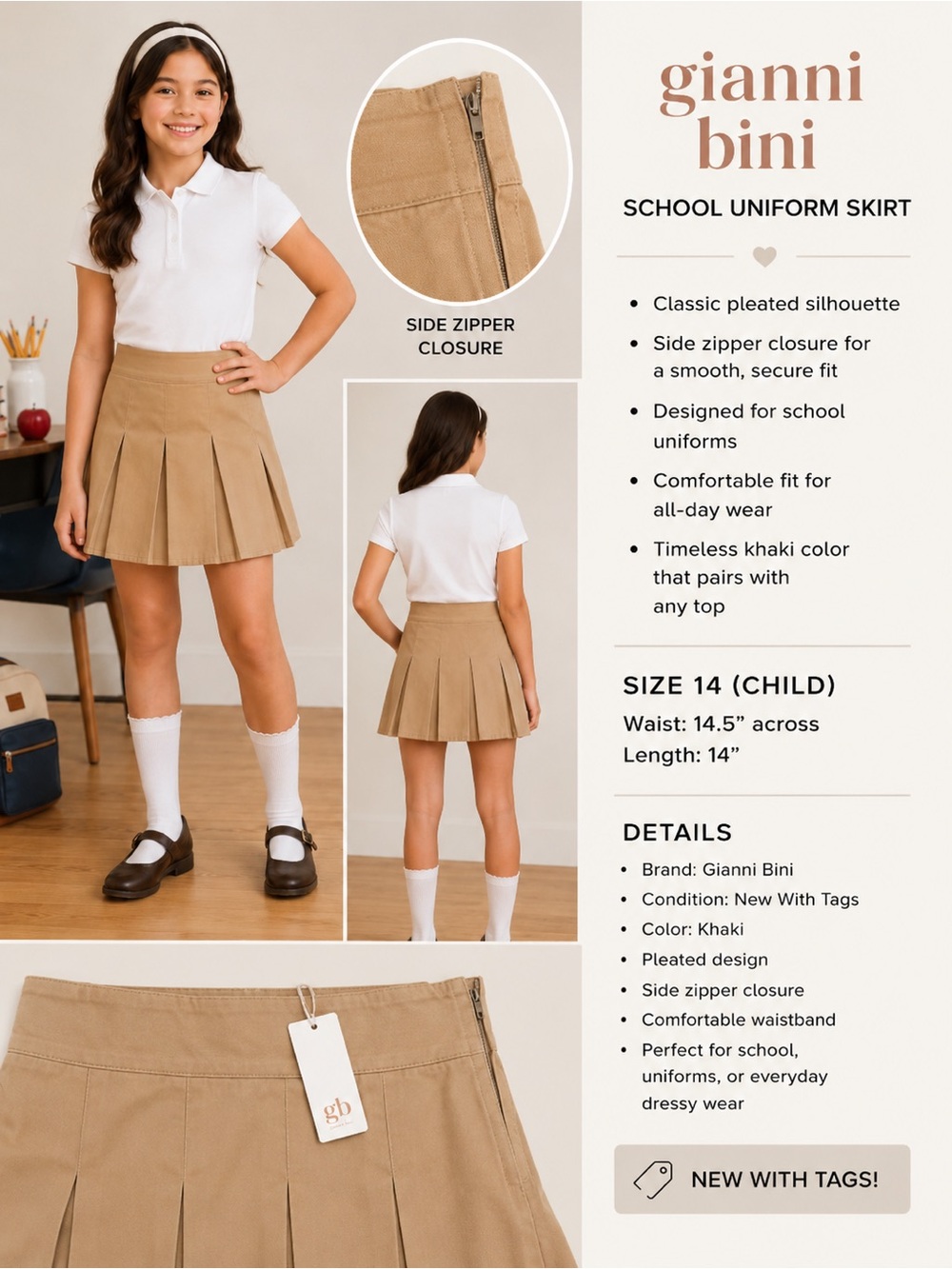 Gianni Bini Girls Pleated School Uniform Skirt | Size 14 | Khaki NWT 100% Cotton